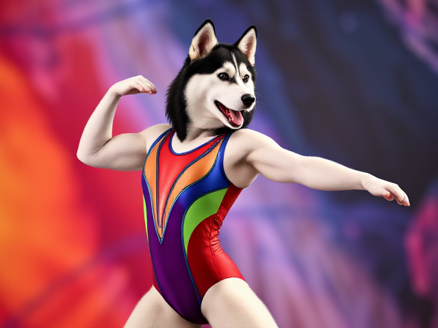 Anthropomorphic Siberian husky in a colorful gymnastics leotard, striking a dynamic pose, vibrant background