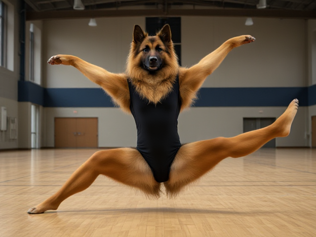 A anthropomorphic long haired German shepherd with large hips doing the splits wearing a gymnastics leotard in a gymnasium