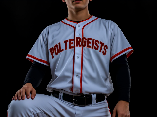 A white baseball jersey with poltergeists written across the front in red and orange with orange and red piping around the neck and cuffs of the jersey and white baseball pants with red and orange piping down the sides with a black belt and black sleeves