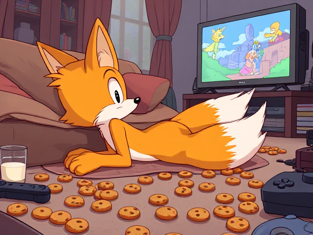 A highly detailed illustration of Miles "Tails" Prower, the two-tailed fox, lying on his stomach on a cozy couch with plush cushions and a warm blanket, intently watching TV while munching on cookies. The scene includes cookies scattered all over the floor in various shapes and sizes, some resting on his fluffy butt cheeks. The TV screen shows a colorful animated show, casting a soft glow over the room. Various items such as comic books, video game controllers, and a half-empty glass of milk are spread around the living area.