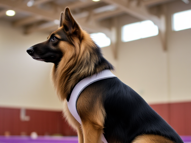 A anthropomorphic long haired German shepherd wearing a gymnastics leotard in a gymnasium