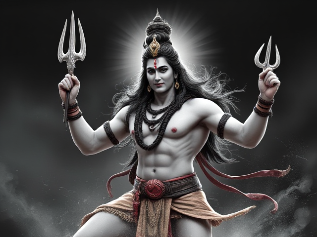 lord shiva muscular realistic  with trishul dancing image drawing white color