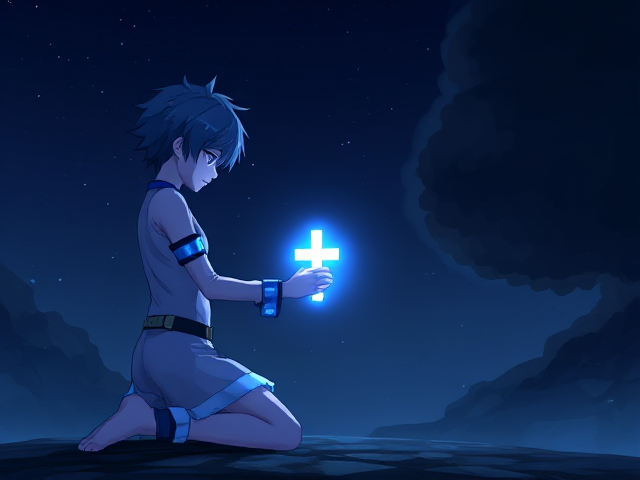 A kneeling anime character with blue rings and a radiant deep blue aura holding a glowing mini cross, illuminating it towards a dark black cloud on the right