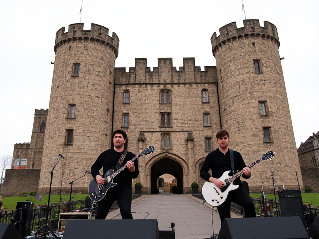 I want to see an image of alkaline trio playing a gig in front of alnwick castle. I want it to be both recognisably the band and the town