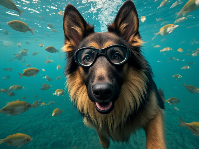 A long haired German shepherd Freediving while wearing Freediving goggles, surrounded by fish