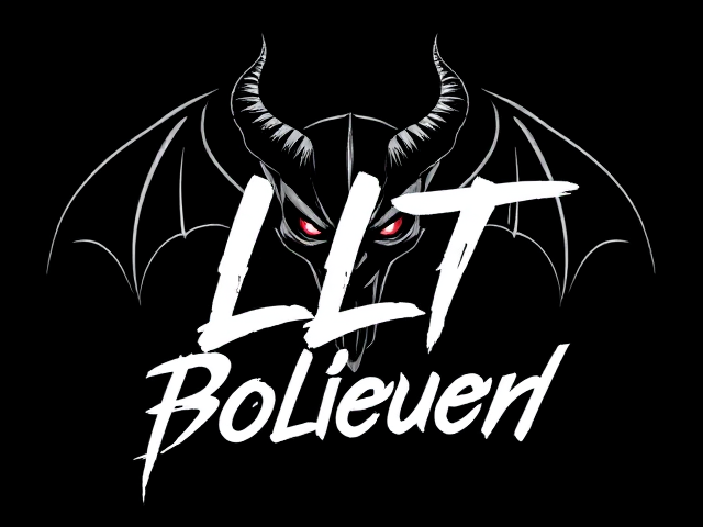 logo sur fond noir uni avec une ecriture moderne et détaillé « LLT » lisible sans flou avec une police spéciale et des effets sombres demon