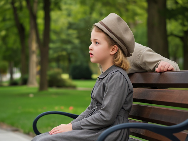 young blonde girl age 8 sitting on park bench singing, wearing vintage 1940 clothing, sideview, with young man vintage clothing appraoching from behind her