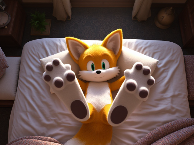 A highly detailed and realistic top-down shot of Miles Tails Prower, the two-tailed anthropomorphic fox from the Sonic the Hedgehog video game series, lying on his back on a bed in a well-decorated and lifelike bedroom with intricate textures. Tails is in a very adorable pose with his paws up in the air, showing the digital pads of his feet. The soft lighting highlights the fur details, surrounded by cozy elements like pillows and blankets. The scene features a rich color palette, visible wood grain furniture, and subtle background decorations such as framed pictures and ambient light sources. Tails is not wearing shoes or gloves, with extra prominent detail on his two tails