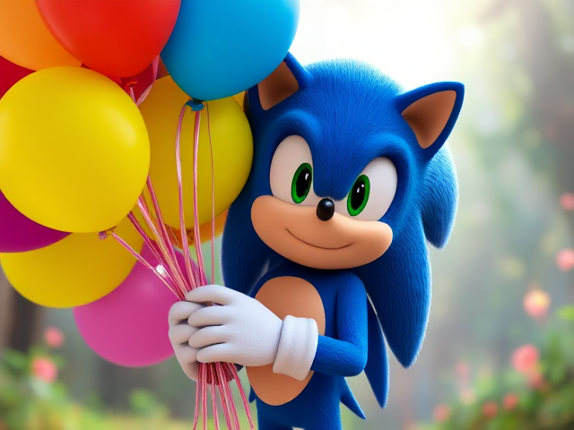 Sonic the Hedgehog holding a colorful big bunch of balloons