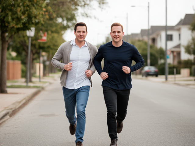 Two middle aged men running down the street in the suburbs