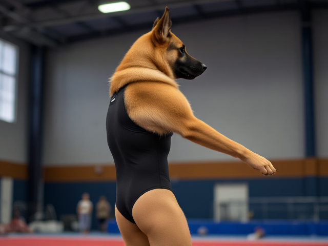 A anthropomorphic German shepherd with strong hips and strong shoulders wearing a gymnastics leotard in a gymnastics center