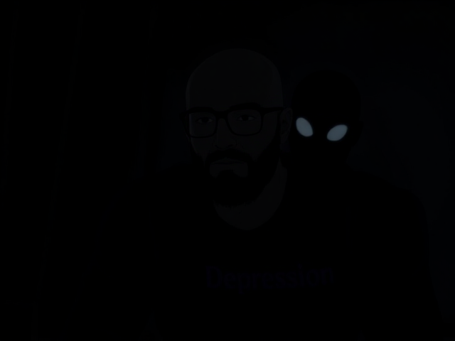 A animated image in the style of telltale walking dead,  a silhouette of a young bald Muslim man with a bushy beard and wearing black-framed eyeglasses is seen sitting in a dark room surrounded by darkness with a separate shadow entity clinging to his shoulders only having grey eyes and on the body the entity has the word Depression on it.