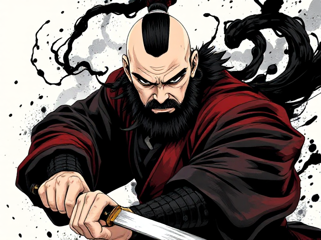 a dynamic, anime-style illustration of a fierce samurai warrior. The warrior should have a focused, intense expression, with a bald head, a rugged bushy beard, and a traditional black and red samurai robe that's slightly tattered. His hand grips a katana with the blade drawn downward. Black, inky tendrils swirl around him, adding a sense of dark, chaotic energy. The background should be minimal to keep focus on the samurai, with brushstroke-style effects and splashes that enhance the dramatic, intense atmosphere. The art style should have rough, bold lines and a monochromatic colour palette with high contrast.