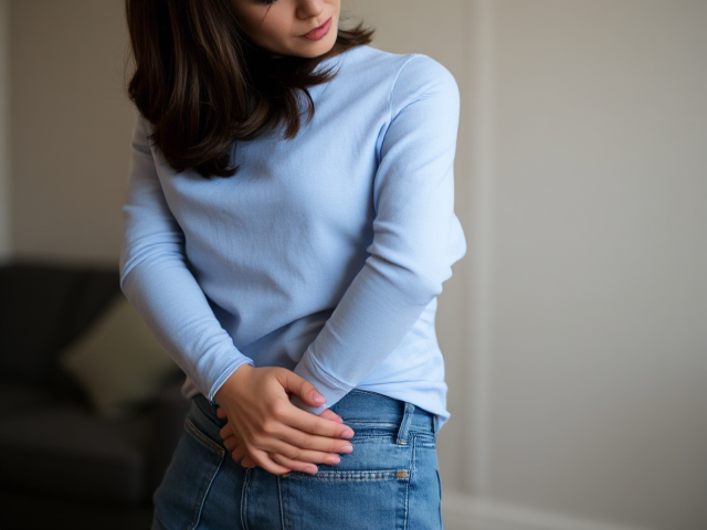 Brunette actress with dark brown hair wearing a light blue long sleeve top and  blue jeans on her knees. She is looking up at some man and she is desperately pleading for herself . Her hands are behind her back unable to move