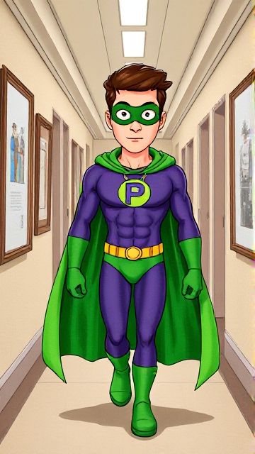 Modern Cartoon scene: A young, Autistic 25-year old boy with light skin and flat, smooth, and slick brown hair named T.J. Granger, but transformed into a genetically-altered superhero named Powerman, who, despite still being a young adult kid, has an extremely muscular body. He wears a sleek purple suit with a green P symbol on his chest, a gold belt with a circular buckle, green briefs, green boots, green long-cuffed gloves, a really big, toe-length long, ultra-wide green cape wreathed around his neck, and a green eye mask that protects his true identity. He also has incredible and invincible superpowers flowing through his veins. In this scene, Powerman is currently walking through a museum hallway, investigating the scene of the crime.