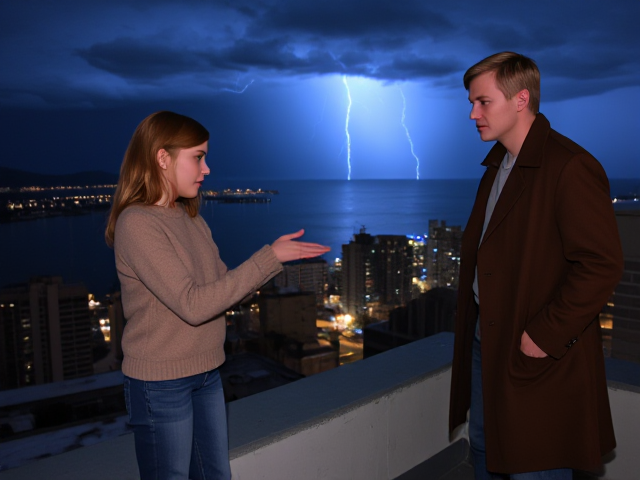 A petite 14-year-old girl with strawberry blonde hair, wearing a pullover and jeans, is standing on the roof ledge of a night club. Next to her on the roof, standing nearby is a modern-day, pale skinned vampire in his late twenties, with blonde hair, dressed in a brown trench coat and jeans. He appears uneasy as he looks at her. The girl gestures angrily at him, flailing her arms. A thunderstorm approaches the cityscape from the sea shore. Set at night.