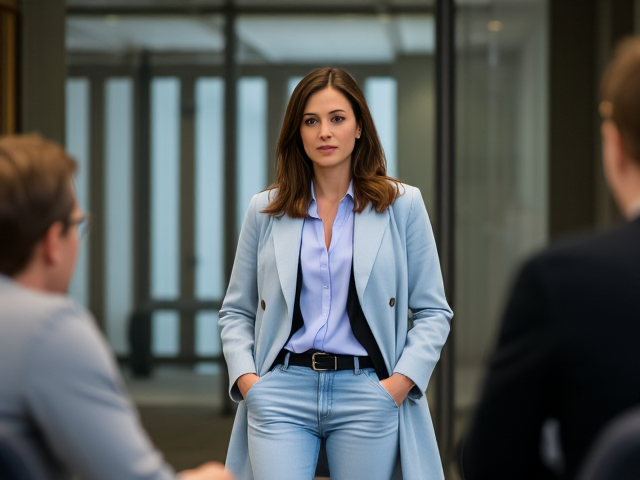 Brunette wearing a light blue coat with light blue jeans with a light blue blouse and a black vest in a important meeting