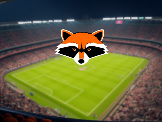 Fais moi un stade de foot vu d'un côté et légèrement de haut avec un logo affiché qui est un raton laveur en moderne avec écrit "FC.Rocket", les couleurs du club c'est le orange et le noir