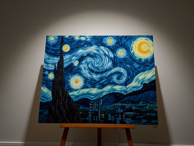 Bad starry night painting propped up in a bright area