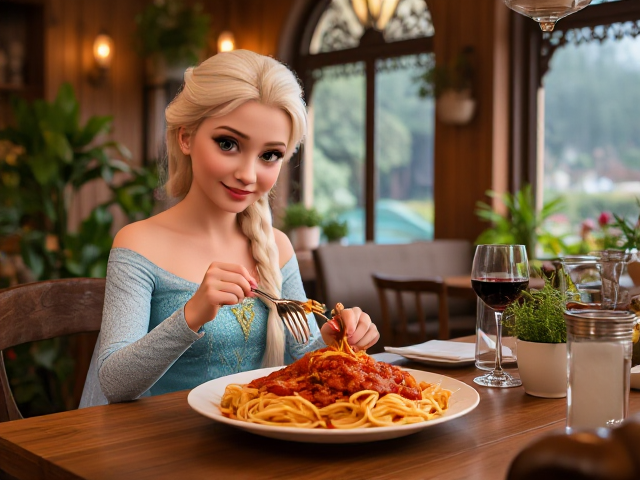Elsa la reine des neige mange des spaghetti avec de la sauce bolognaise, dans une cuisine italienne chaleureuse et rustique avec des carreaux de céramique colorés, éclairée par une lumière douce et tamisée, avec un grand sourire, assise à une table en bois entourée de plantes vertes luxuriantes et d'ustensiles de cuisine traditionnels, une ambiance conviviale remplie de rires et de discussions animées