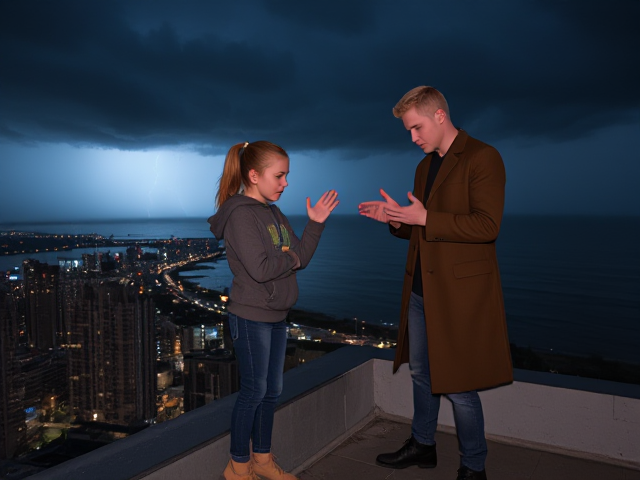 A petite 13-year-old girl with strawberry blonde hair in a ponytail, wearing a hooded pullover and jeans, is standing on the roof ledge of a night club. Next to her on the roof, standing nearby is a modern-day, pale skinned vampire in his late twenties, with blonde hair, dressed in a brown trench coat and jeans. He appears uneasy as he looks at her, holding his hands out and taking a step back. The girl gestures angrily at him, flailing her arms and scowling at him in frustration. A thunderstorm approaches the cityscape from the sea shore. Set at night.