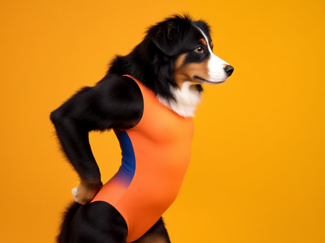 Bernese mountain dog with strong hips, wearing a colorful gymnastics leotard, in an athletic pose, vibrant background