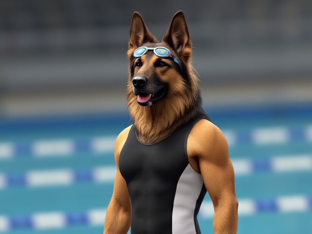A anthropomorphic long haired German shepherd Olympic swimmer standing tall, while wearing a one piece swimsuit and swimming goggles