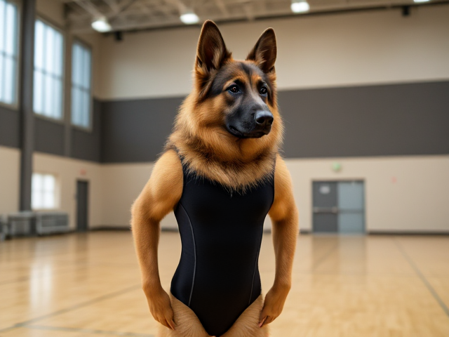 A anthropomorphic long haired German shepherd wearing a gymnastics leotard in a gymnasium