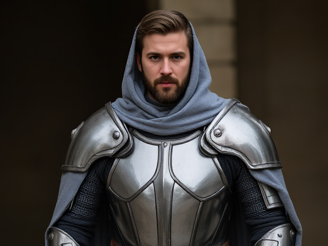 man wearing a suit of armor with a grey cloak