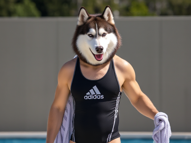 A tall anthropomorphic Siberian husky wearing an adidas swimsuit drying off with a towel