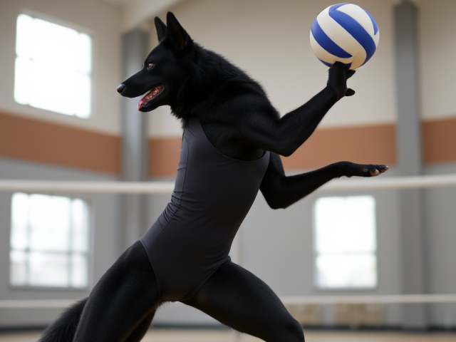 Anthropomorphic black German shepherd playing volleyball, wearing a leotard, gymnasium setting, focus on athletic build and dynamic pose