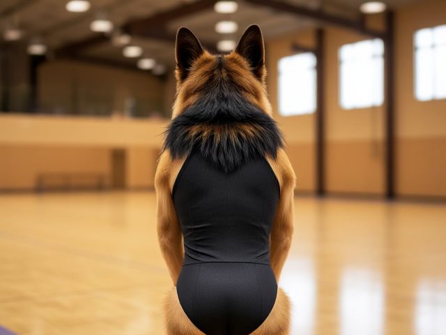 A anthropomorphic long haired German shepherd wearing a gymnastics leotard in a gymnasium
