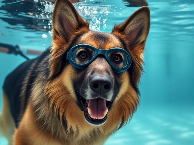 A long-haired German Shepherd wearing swimming goggles underwater