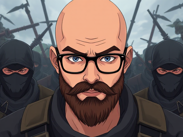 A detailed, 4k, anime styled image of a young bald man with a bushy beard and wearing black-framed eyeglasses as a fallen soldiers surrounded by enemy demonic ninjas getting ready to save the world.