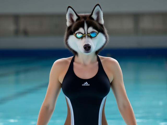 A tall anthropomorphic female Siberian husky with broad shoulders wearing an adidas one piece swimsuit and swimming goggles