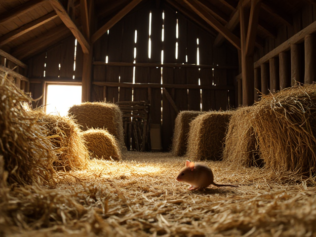 Mouse in a rustic barn, surrounded by hay bales and wooden beams, with sunlight filtering through cracks in the walls, detailed textures