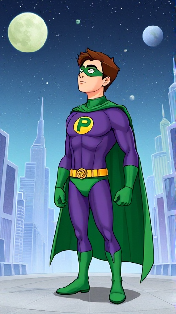 Modern Cartoon scene: A young, Autistic 25-year old boy with light skin and flat, smooth, and slick brown hair named T.J. Granger, but transformed into a genetically-altered superhero named Powerman, who, despite still being a young adult kid, has an extremely muscular body. He wears a sleek purple suit with a green P symbol on his chest, a gold belt with a circular buckle, green briefs, green boots, green long-cuffed gloves, a really big, toe-length long, ultra-wide green cape wreathed around his neck, and a green eye mask that protects his true identity. He also has incredible and invincible superpowers flowing through his veins. In this scene, Powerman is currently standing in the alien city on his masters' home planet of Zantal, where he looks up to the cosmic skies, sensing that something is wrong.