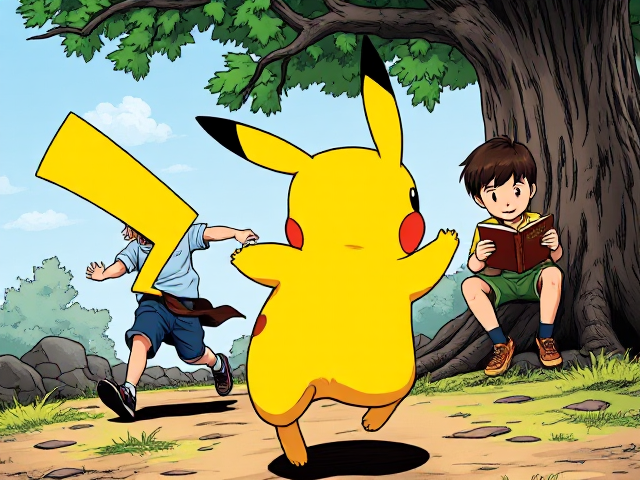 Un pikachu qui poursuit un garçon avec de cheveux longs et bruns ,à côté il y’a un garçon avec les cheveux courts et lisse qui lit un livre sur un arbre