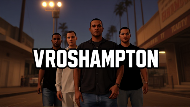Design a poster inspired by the iconic GTA San Andreas loading screen style, replacing the title with 'VROSHAMPTON' in the exact GTA San Andreas font. The poster should reflect the same bold, comic-style visuals and include five characters similar to those seen in GTA San Andreas. Keep the characters subtle and slightly blurred in the background, while the focus remains on the text 'VROSHAMPTON.' Add soft film grain and cinematic lighting for realism, resembling the quality of a Panavision Panaflex camera from 80s movies. The backdrop should evoke a Los Santos (Los Angeles) urban street vibe, ensuring the design captures the essence of a GTA San Andreas poster.