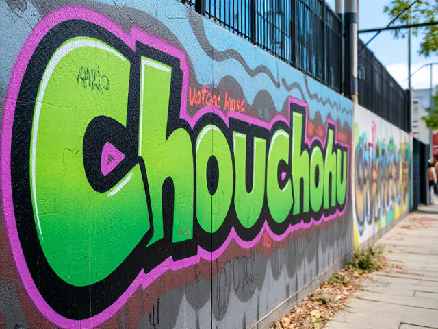 Graffiti dynamique et coloré avec le mot "Chouchou" sur un mur urbain,couleur verte et bleu en dégradé lumière naturelle éclatante, détails ultra-réalistes, textures riches, arrière-plan urbain animé, éléments de rue modernes, effet de profondeur