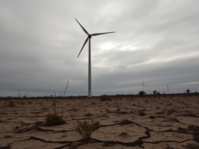 A lone wind turbine standing in a barren landscape, its blades moving sluggishly under a gray, overcast sky. In the foreground, wilted plants and cracked earth symbolize environmental neglect, while faint rays of sunlight struggle to penetrate the heavy clouds. The scene is captured from a low angle to emphasize the turbine's towering presence against the dreary backdrop. The style is hyper-realistic with intricate details that capture every rust spot on the metal structure and each crevice in the dry ground. The mood conveys a somber reflection on missed opportunities for sustainable energy and the guilt of environmental degradation.