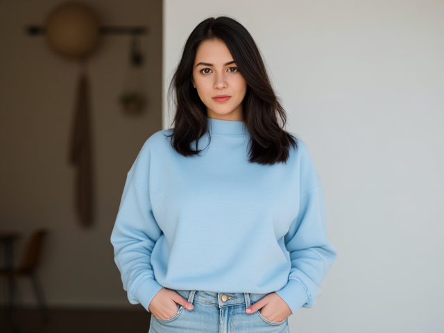Brunette with dark hair wearing a light blue sweatshirt and light blue jeans found