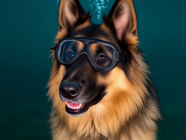 A long haired German shepherd wearing Freediving goggles