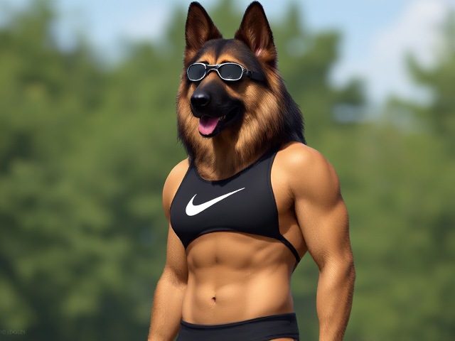A tall anthropomorphic long haired German shepherd with a long torso and broad shoulders wearing a Nike high cut one piece swimsuit and swimming goggles