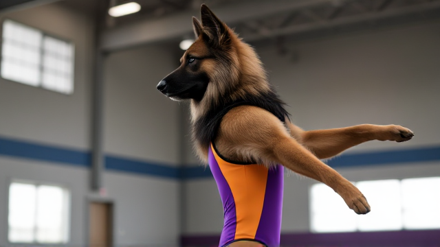 Anthropomorphic Long-Haired German Shepherd wearing a vibrant gymnastics leotard, posing dynamically in a gym setting, detailed fur texture and realistic lighting