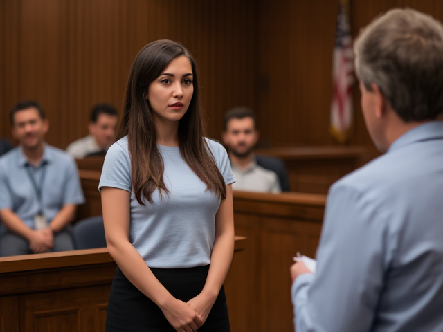 Brunette wearing a light blue t shirt and a black skirt receives news of her death sentence in court