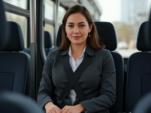 Fit Young business Woman on the bus  in a special needs carseat strapped in a  5 point harness