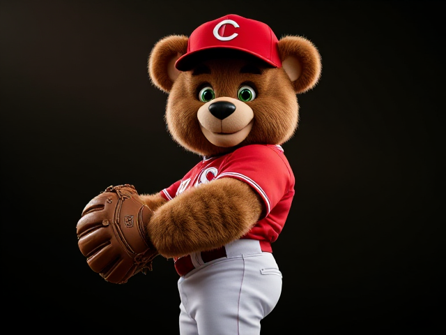 A muscular athletic teddy bear camouflage colored fur green eyes wearing a reds uniform red hat red jersey white pants red socks red cleats wearing a brown baseball glove on his left hand smiling