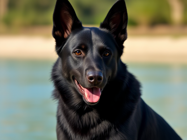 A anthropomorphic black German shepherd wearing a one piece swimsuit