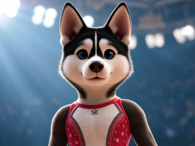 A anthropomorphic Siberian husky Olympic gymnast wearing a leotard